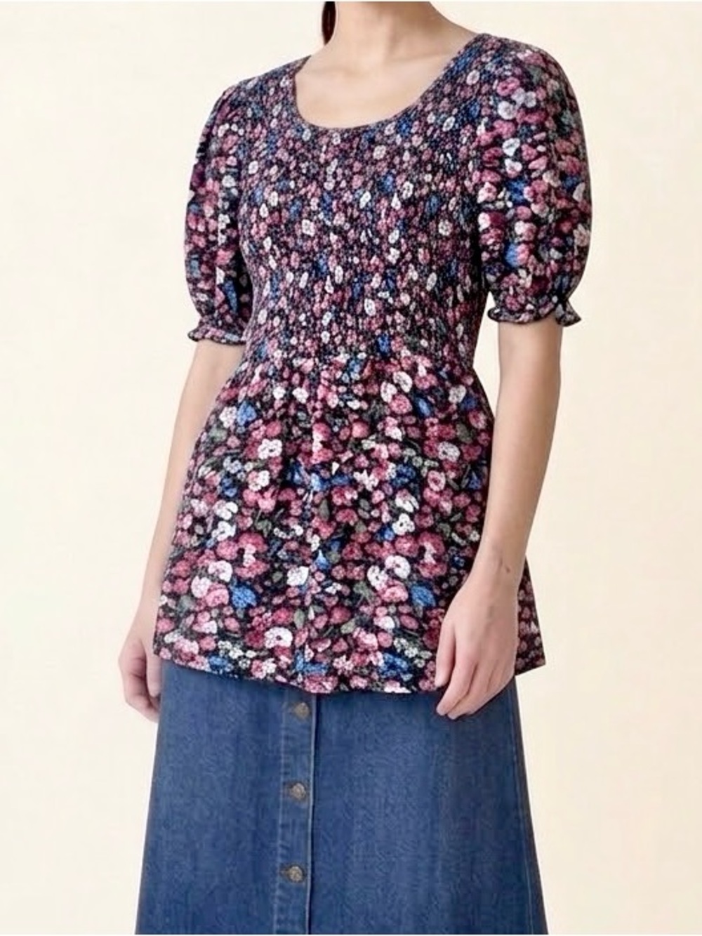 Akewei Ditsy Floral Smocked Peplum Babydoll Knit Top Puff
Sleeve Cottagecore M